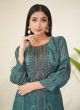 Rama Blue Crepe Silk Printed A-Line Kurti